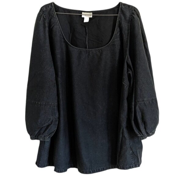 Ava & Viv 1X Puff Sleeve Relaxed Fit Scoop Neck Shirt Black Peasant Boho - Picture 1 of 7